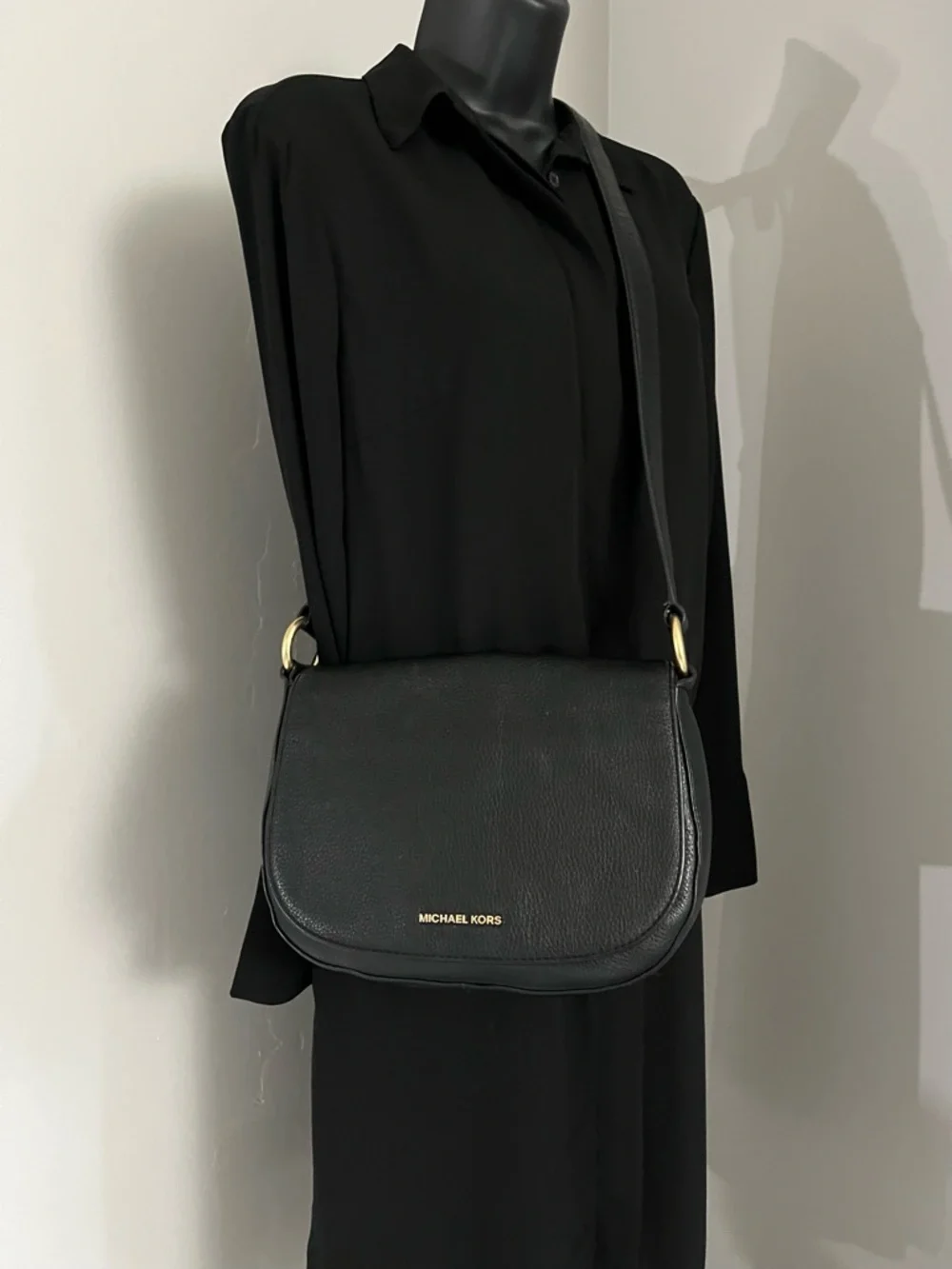 Michaels Kors Black Pebbled Leather Flap Crossbody